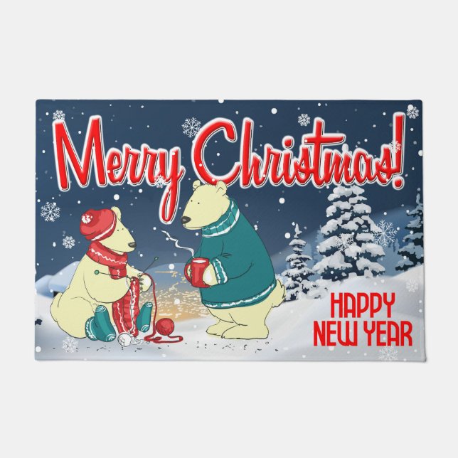 Merry Christmas Bears Winter Snow Holiday Scene Doormat (Front)