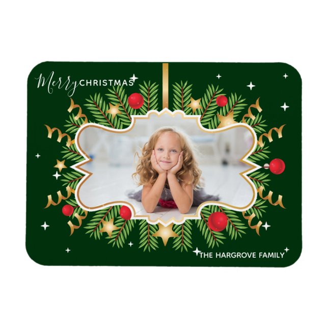 Merry Christmas Beautiful Green Gold Photo Wreath Magnet (Horizontal)