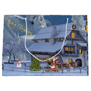 Merry Christmas Beautiful Winter Scene with Santa  Large Gift Bag