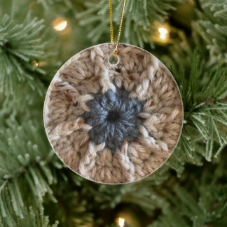 Merry Christmas Beige Blue Yarn Photo Crocheter Ceramic Tree Decoration