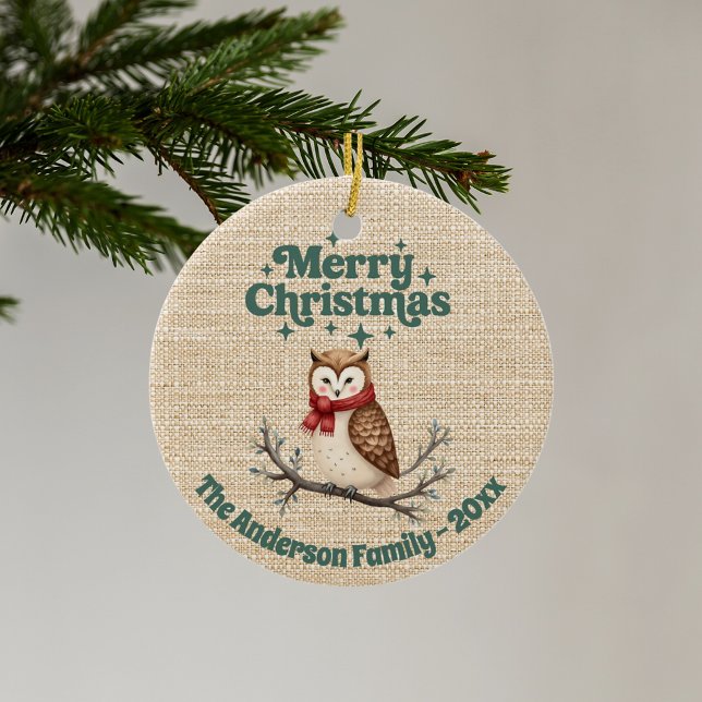 Merry Christmas beige burlap cute owl green Ceramic Tree Decoration (Creator Uploaded)