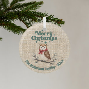 Merry Christmas beige burlap cute owl green Glass Tree Decoration