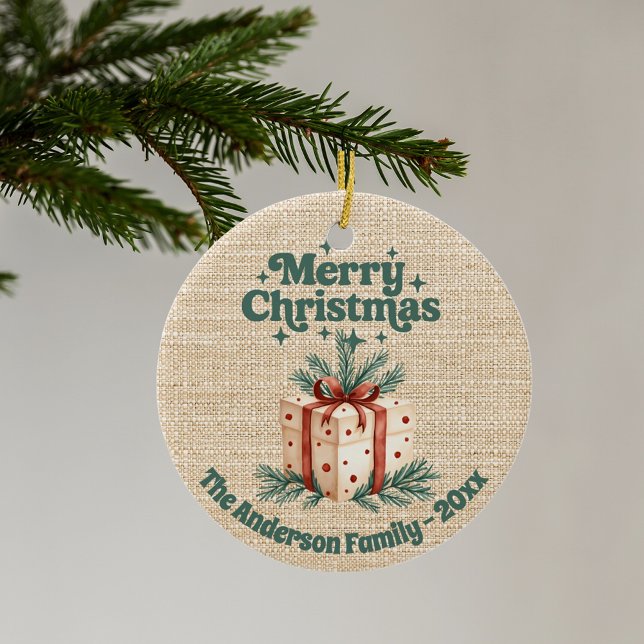 Merry Christmas beige burlap gift box green Ceramic Tree Decoration (Creator Uploaded)