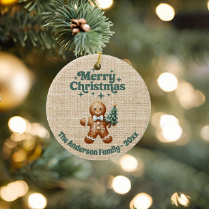 Merry Christmas beige burlap gingerbread man Ceramic Tree Decoration