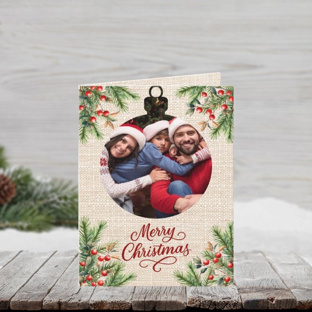 Merry Christmas beige burlap photo year in review Holiday Card (Creator Uploaded)