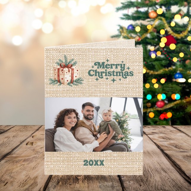 Merry Christmas beige burlap photo  year in review Holiday Card (Creator Uploaded)