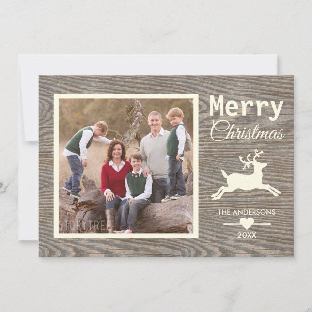 Merry Christmas Beige Rustic Wood Family Photo Holiday Card (Front)