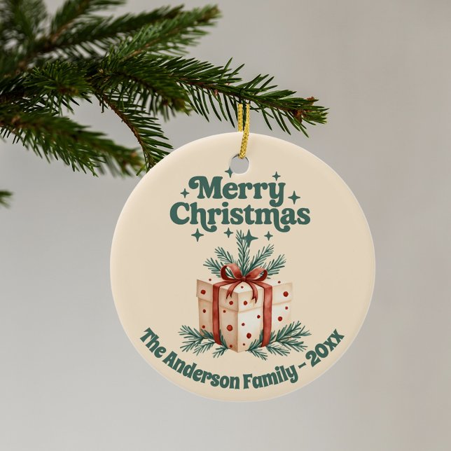 Merry Christmas beige rustsic gift box green Ceramic Tree Decoration (Creator Uploaded)