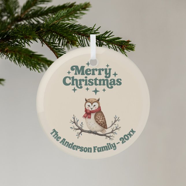 Merry Christmas beige rustsic gift cute owl Glass Tree Decoration (Creator Uploaded)