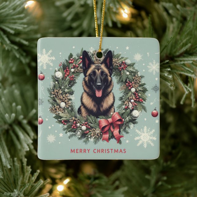 Merry Christmas Belgian Malinois Dog Xmas Ceramic Ornament (Tree)
