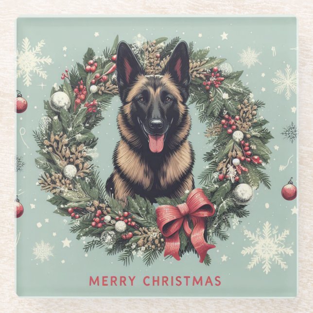 Merry Christmas Belgian Malinois Dog Xmas Glass Coaster (Front)