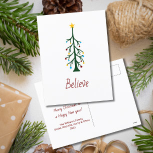 Merry Christmas Believe Modern Evergreen Tree Holiday Postcard
