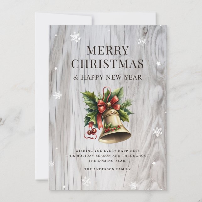 Merry Christmas Bell Holly Snowflake Rustic Holiday Card (Front)