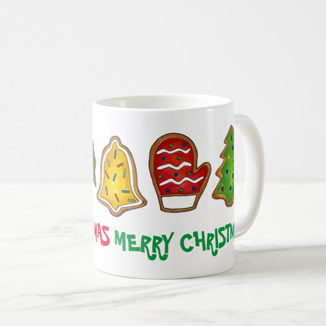 Merry Christmas Bell Snowman Mitten Tree Cookie Coffee Mug (Front Right)