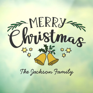 Merry Christmas bells mistletoe stars family name  Window Cling