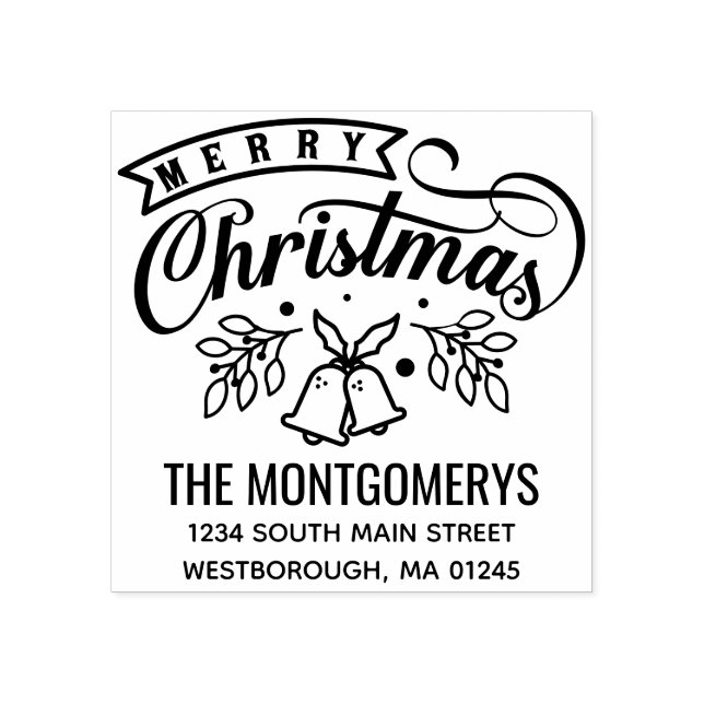 Merry Christmas Bells Script Return Address Rubber Stamp (Imprint)