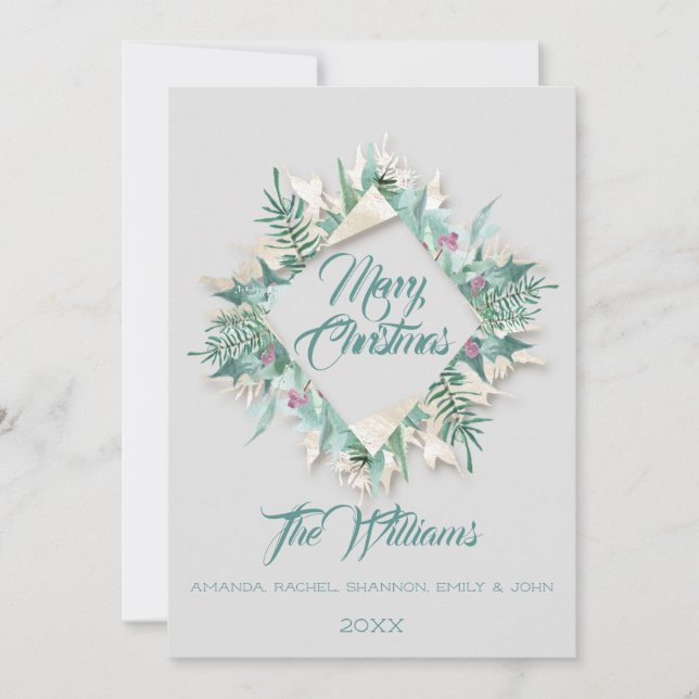 Merry Christmas Belly Framed Monogram Gray Teal Invitation (Front)
