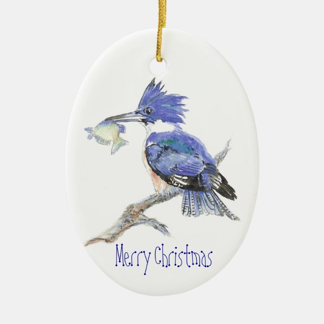 Merry Christmas Belted Kingfisher - Bird, Nature Ceramic Tree Decoration (Front)