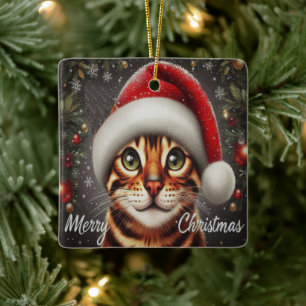 Merry Christmas Bengal Cat, Xmas Santa Bengal Cat Ceramic Ornament