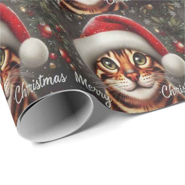 Merry Christmas Bengal Cat, Xmas Santa Bengal Cat Wrapping Paper (Roll Corner)