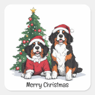 Merry Christmas Bernese Mountain Dogs Square Sticker