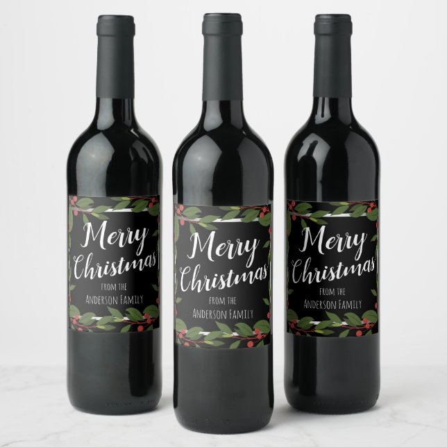 Merry Christmas Berries Floral Wine Label (Bottles)