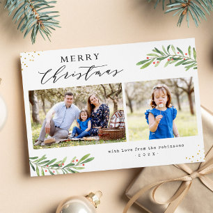 Merry Christmas Berries Foliage Two Photo Holiday Card