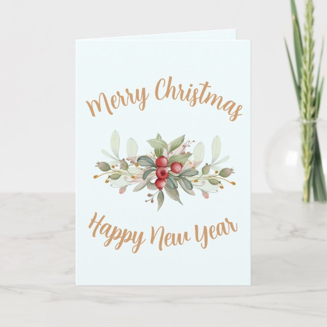 Merry Christmas Berries Gold Script Custom Photo Card (Front)