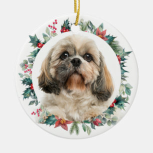 Merry Christmas Berries Pet Dog Photo Personalised Ceramic Tree Decoration