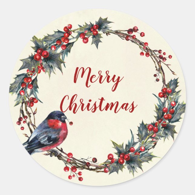 Merry christmas berries wreath bird sticker label (Front)