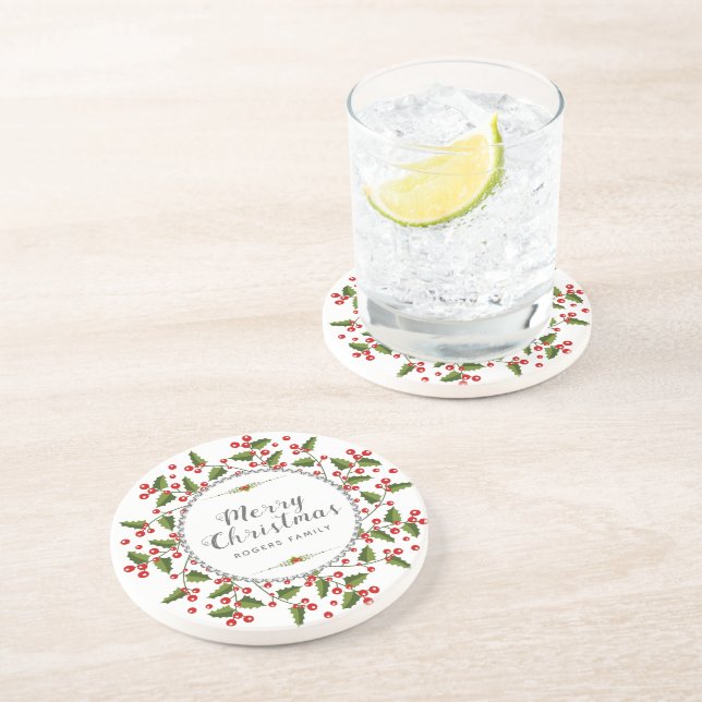 Merry Christmas Berries Wreath & Modern Typography Coaster (Side)
