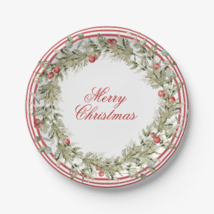 Merry Christmas Berries Xmas Wreath Holiday Paper Plate