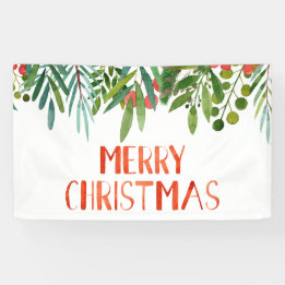 Merry Christmas Berry and Branches Watercolor Banner