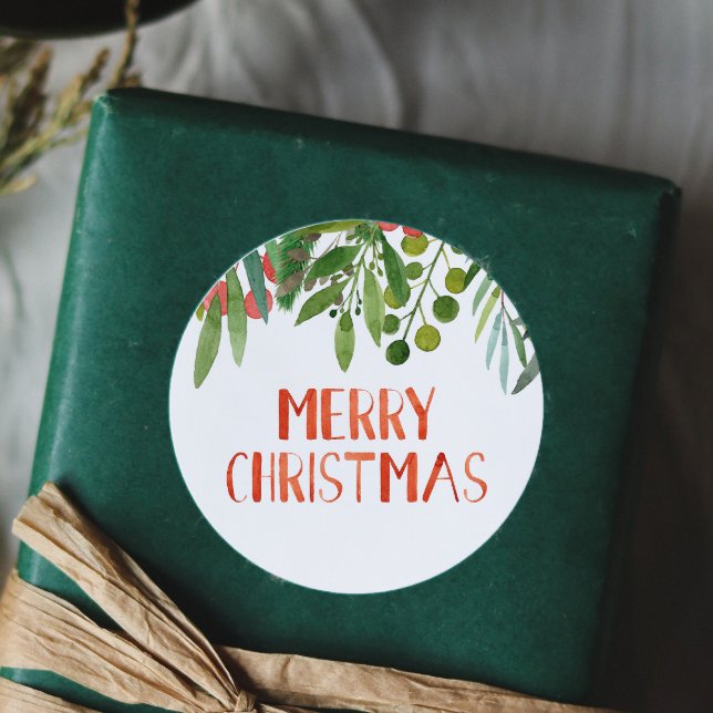 Merry Christmas Berry and Branches Watercolor  Classic Round Sticker (Creator Uploaded)