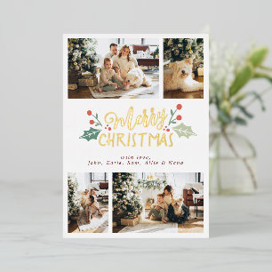 Merry Christmas Berry Foliage Family Photo Collage Foil Holiday Card