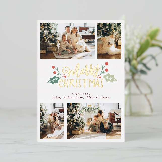 Merry Christmas Berry Foliage Family Photo Collage Foil Holiday Card (Standing Front)