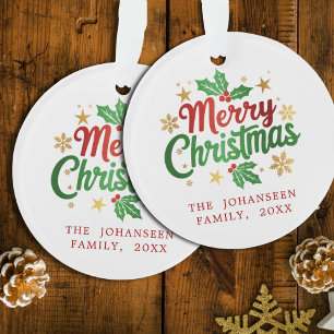 Merry Christmas Berry Gold Stars Snowflakes Family Ornament