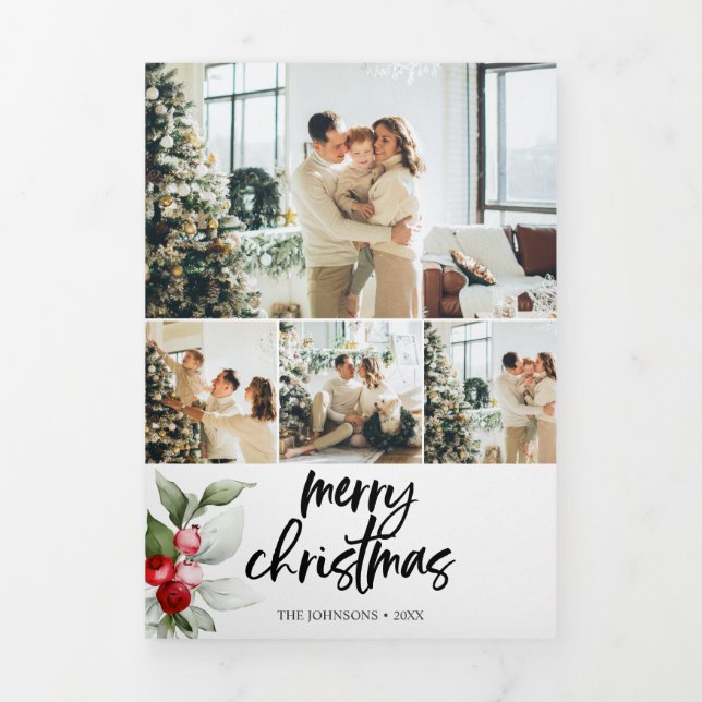Merry Christmas Berry Leaves Photo Tri-Fold Holiday Card (Cover)