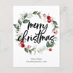 Merry Christmas Berry Leaves Wreath Holiday Postcard