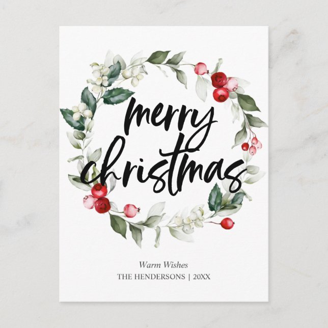 Merry Christmas Berry Leaves Wreath Holiday Postcard (Front)