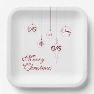 Merry Christmas Berry Red Monogram Bauble Paper Plate