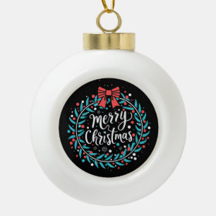 Merry Christmas Berry Wreath Ceramic Ball Christmas Ornament