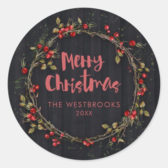 Merry Christmas Berry Wreath Classic Round Sticker