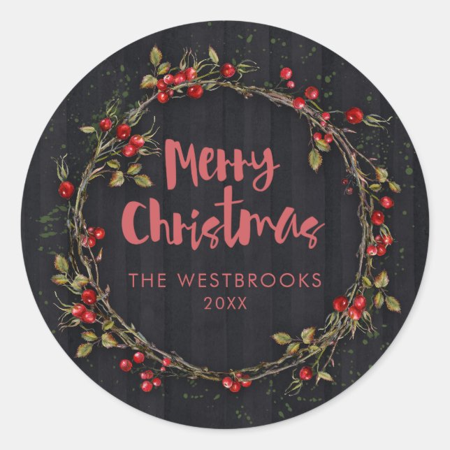 Merry Christmas Berry Wreath Classic Round Sticker (Front)