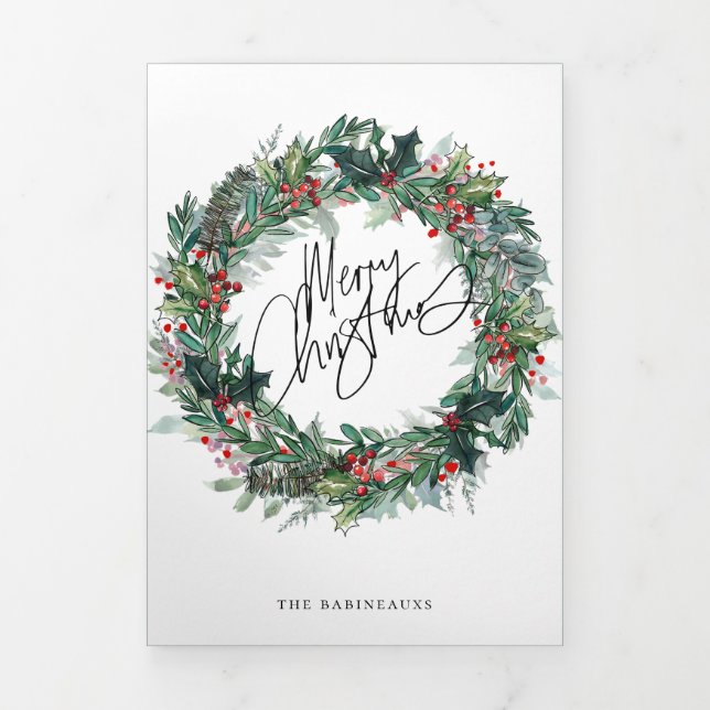 Merry Christmas Berry Wreath Holiday Photo Card (Cover)