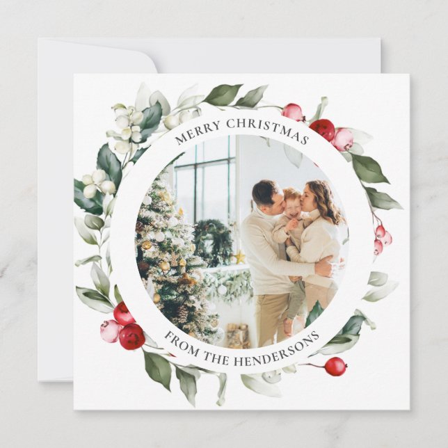 Merry Christmas Berry Wreath Photo Holiday Card (Front)