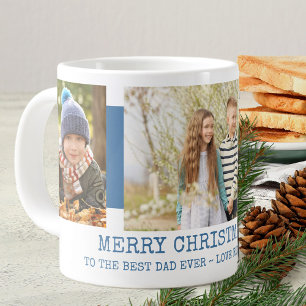 Merry Christmas Best Dad Ever 3 Photo Blue Large Coffee Mug