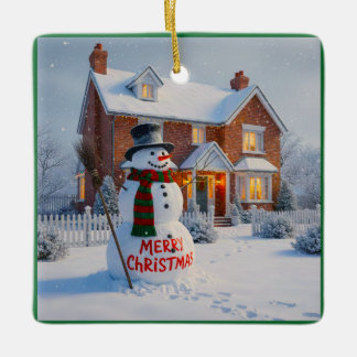 MERRY CHRISTMAS BIG SNOWMAN WINTER SCENE CERAMIC ORNAMENT