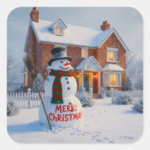 MERRY CHRISTMAS BIG SNOWMAN WINTER SCENE SQUARE STICKER
