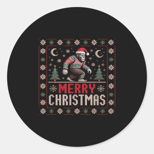 Merry Christmas Bigfoot Funny Ugly Sweater Art  Classic Round Sticker (Front)